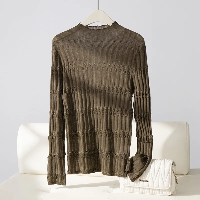 Slim Fit Light Weight Sweater Women Textured Wool Blended Mock Neck Knitted Pullover Tops Autumn