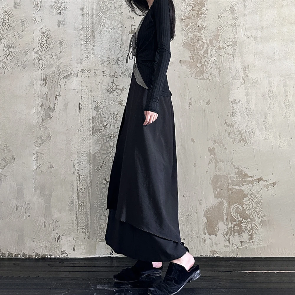 Dark Y2k Irregular Fake Two-Piece Culottes Genderless Fashion Trend Elegant Campus Youth Versatile Wide-Leg Pants Unisex 2026