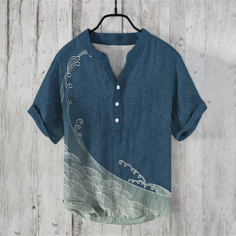 

Vintage Clothes Cardigan Men Clothes Offer Print Summer Henry Shirt Short Sleeve Casul Shirts Mens Clothing 2024 Fashion Tops