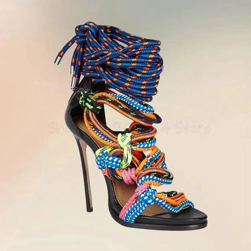 

Colorful Rope Knitted Design Twine Sandals Back Zipper Women Shoes Thin High Heels Open Toe New Fashion 2025 Zapatos Para Mujere