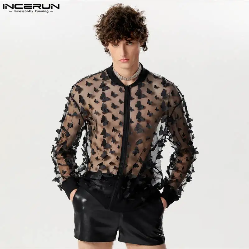 Men Shirt Mesh Patchwork Transparent Long Sleeve Zipper Men Clothing Streetwear Sexy 2024 Fashion Party Casual Shirts INCERUN