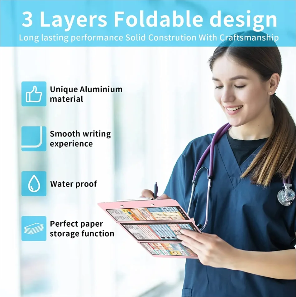 Nursing Clipboard With Nursing and Medical Edition Cheat Sheets 3 Layers Aluminum Foldable Nurse Clip Boards Notepad for Student
