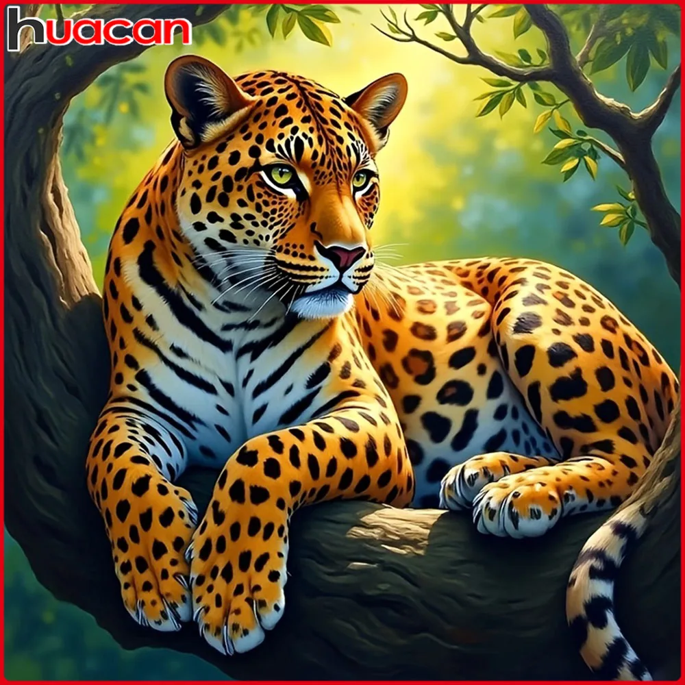 Huacan Vollquadrat Rundes Diamantgemälde Leopardenbaum Diamantmosaik Tierkunst Dekorative Gemälde