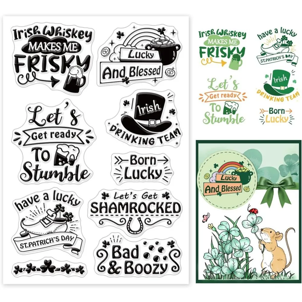 1Sheet Clover Stamps St. Patrick's Day Clear Stamps Irish Shamrock Transparent Stamp Rubber Stamp 6.2x4.3inch