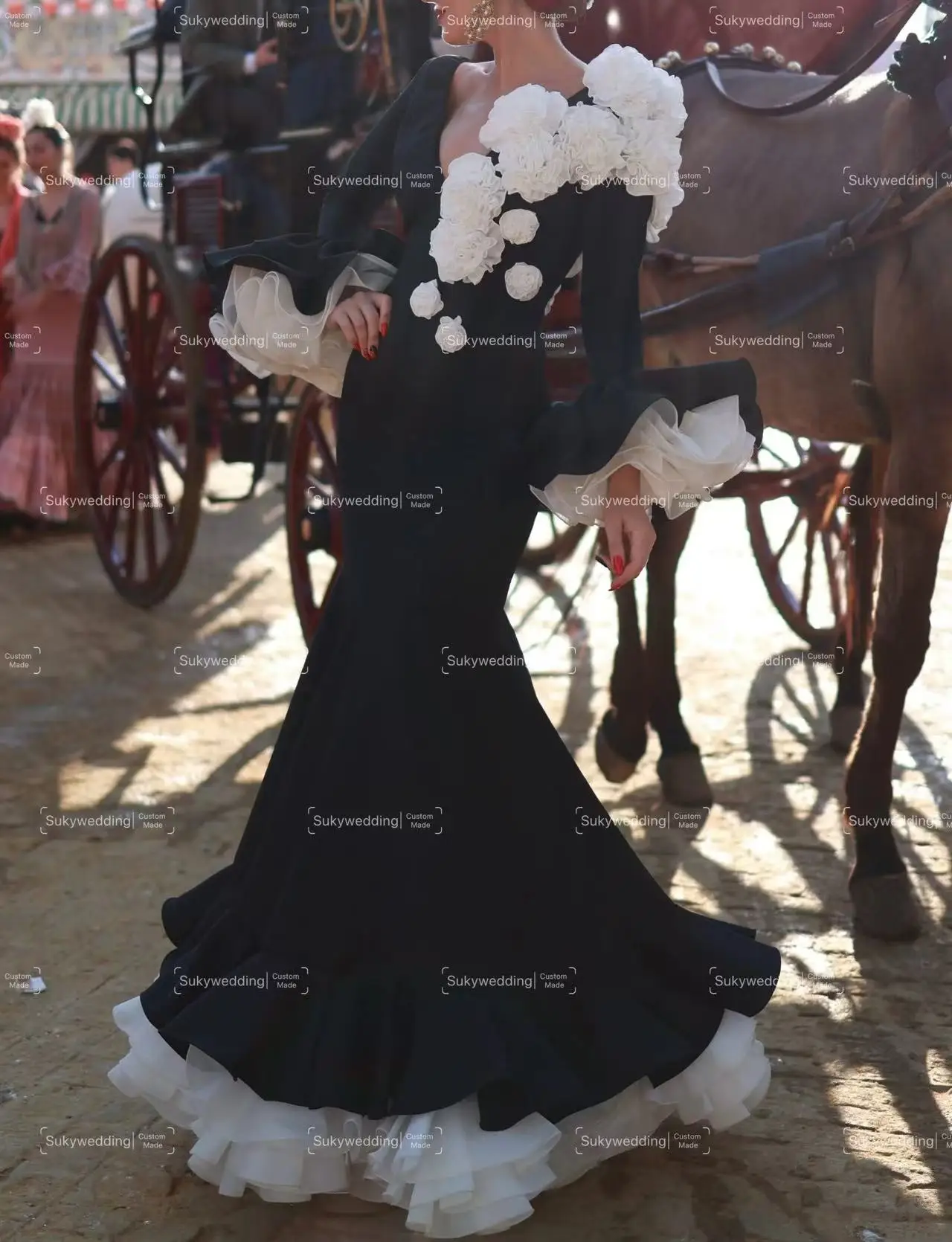 

White and Black Prom Flamenco Dresses Flowers Formal Dance Dresses Fairy Long Sleeves Backless Mesh Evening Dresses Customized