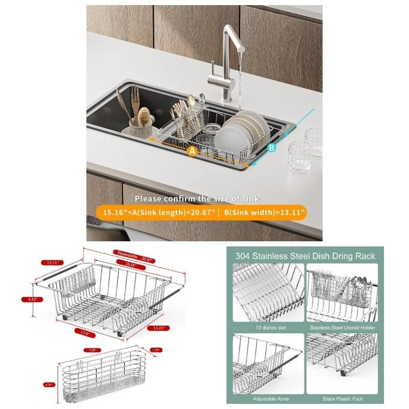 

In-sink 304 stainless steel dish drainer with silverware holder, adjustable to fit inside sink, holds up to 13 upright dishes