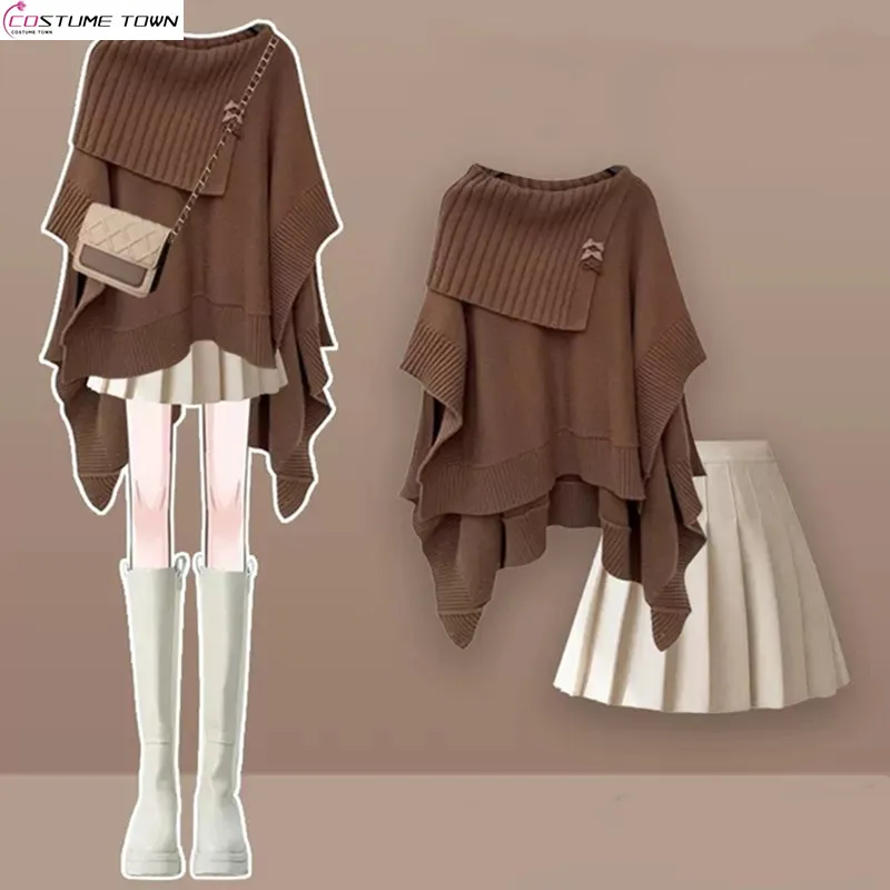 Autumn Gentle Style Wearing Women\'s 2024 New Korean Edition Lazy Knitted Top Temperament Pleated Short Skirt Two Piece Set