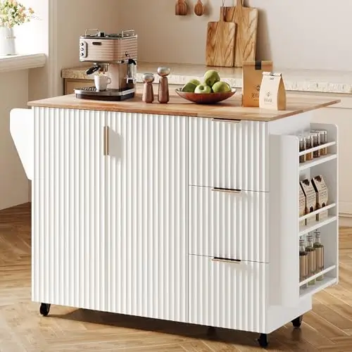 Fluted Kitchen Island Cart on Wheels with Storage, Folding Rolling Kitchen Island with Drawers, Small Portable Island