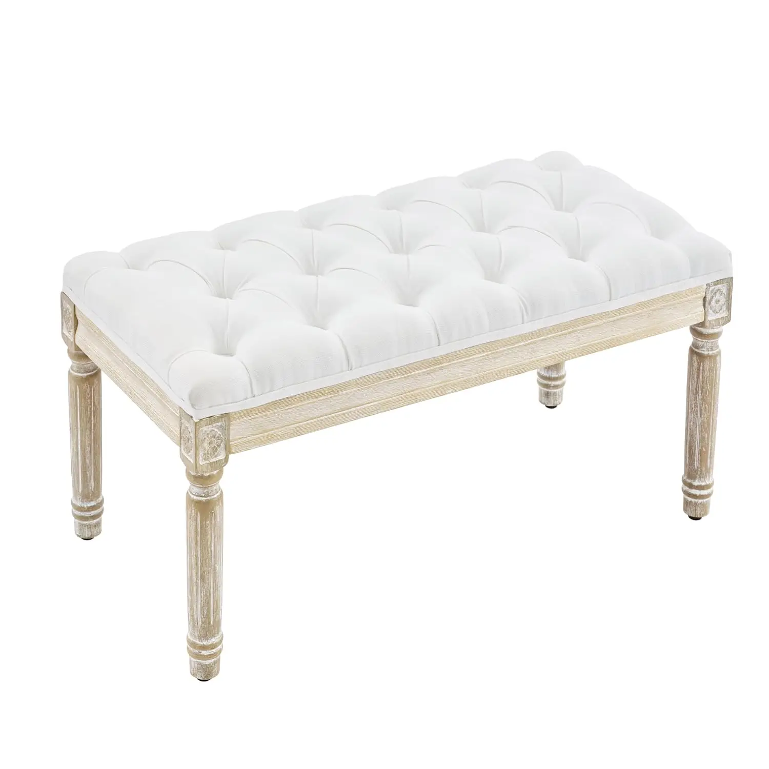 French Vintage Bench, Linen Fabric Entryway Bench, Upholstered Tufted End of Bed Bench with Brushed Wood Legs, White, Customized