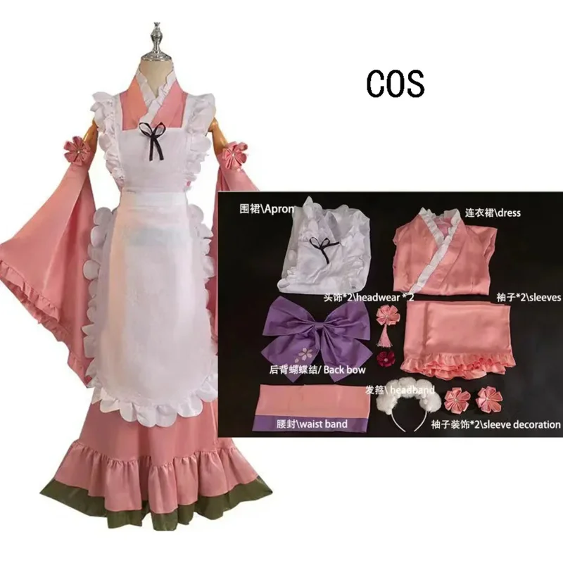 사이뉴 미쿠 매차 사쿠라 핑크 코스프레 의상 파르페 앞치마 긴 소매 드레스 소녀 기모노 가발 여성 생일 파티 의상