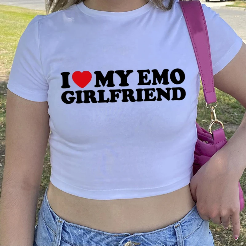 Cute Baby Tee I Love My Emo Girlfriend T Shirt Printed Grunge White Crop Tops O-Neck Y2k Aesthetic Women Casual Cropped Tops