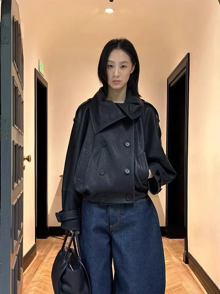 معطف جلد صناعي أنيق للخريف والشتاء، تصميم جديد بأزرار مزدوجة وياقة كبيرة، مع حزام من الجلد الصناعي