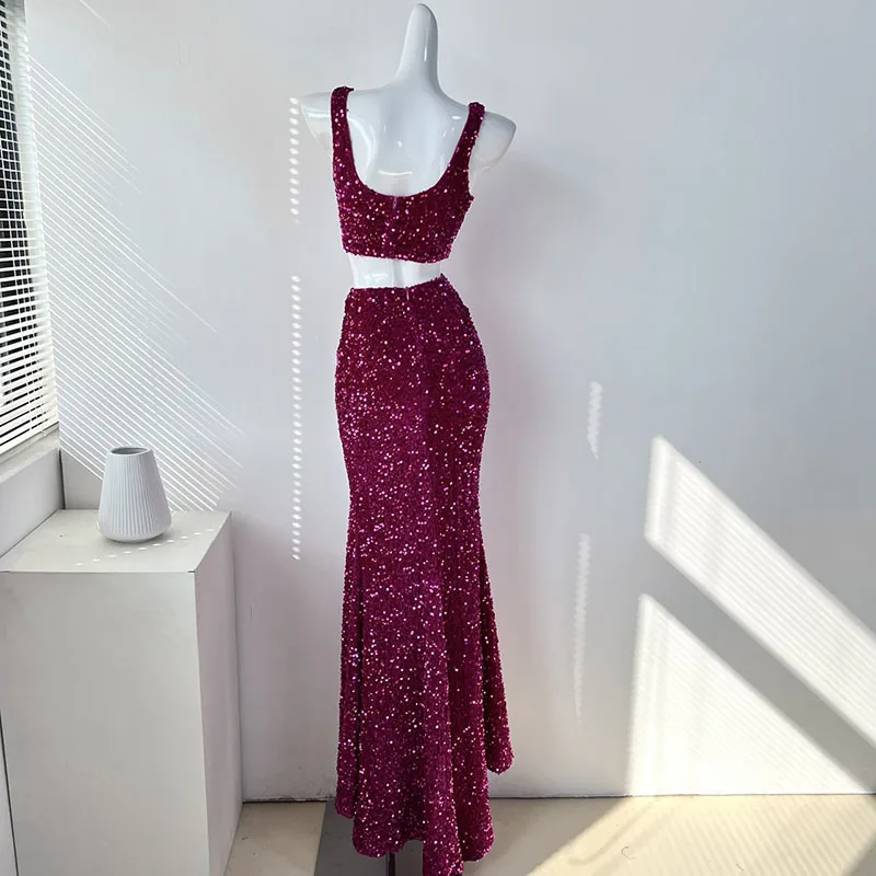 Sexy luxury sequins short vest top split half skirt set of two pieces 2024 New