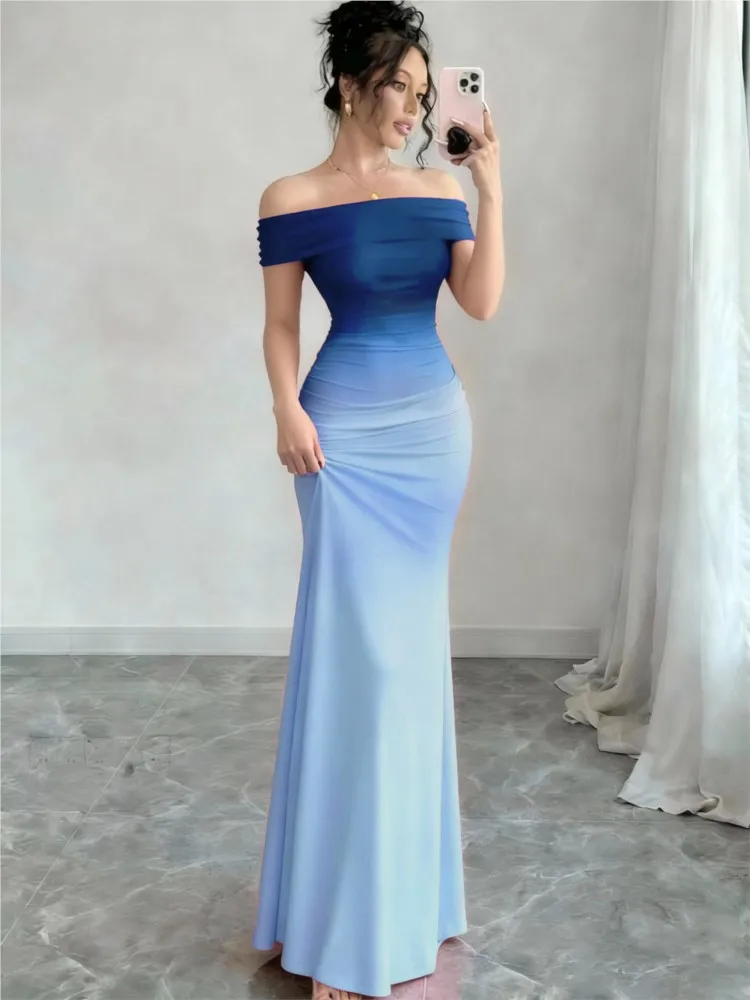 

New Party Dresses For Woman Short-sleeved Long Evening Dress One Line Neck Package Hip Fashion Bodycon robe Simple Style Trendy