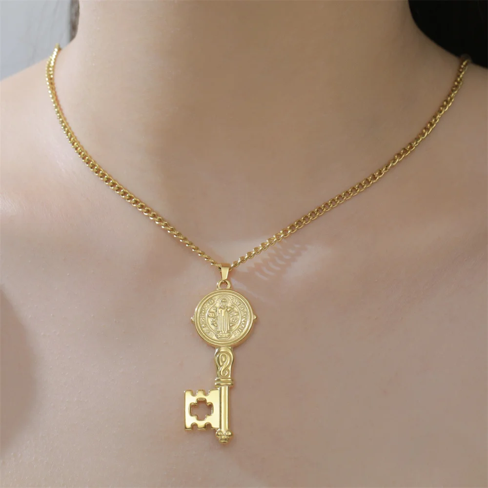 My Shape Saint Benedict Key Necklace for Women Men St. Benedict Key Shape Medal Pendants Chain Stainless Steel Religious Jewelry