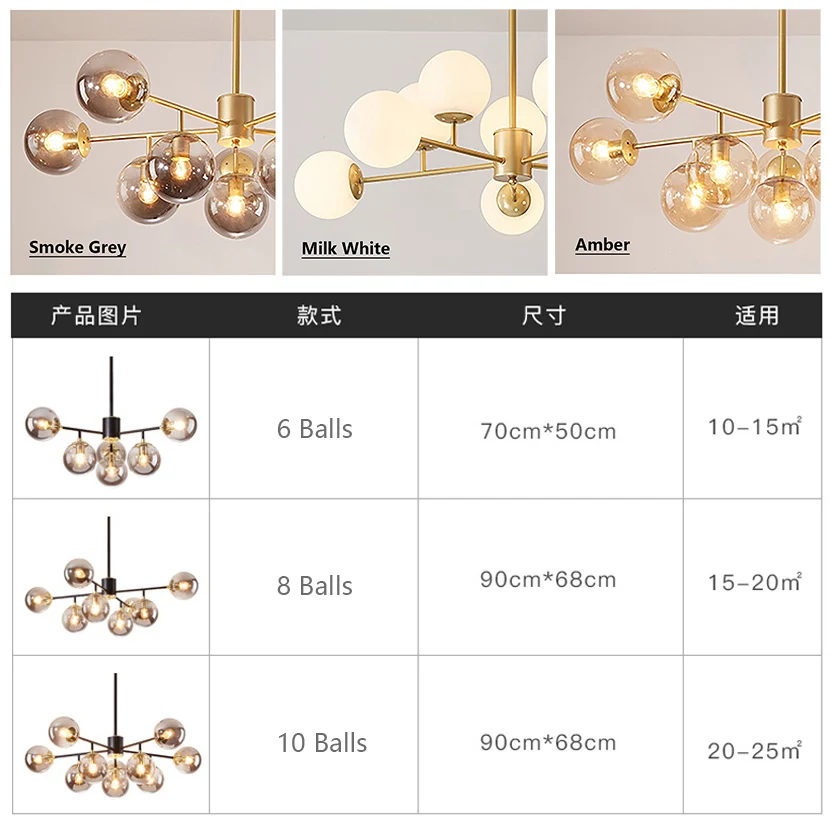 SANDYHA Modern LED Glass Ball Chandelier Luxury Home Decor Molecular Ceiling Lamp Black Gold Iron with 6/8/10 Ball Pendant Light