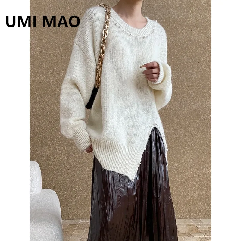 

UMI MAO модные топы для женщин нишевая атмосфера тяжелый бисер с разрезом дизайн круглый вырез свободный вязаный свитер Femme