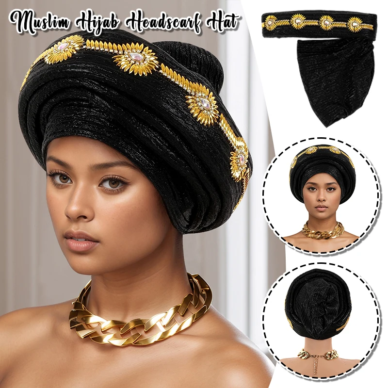 

African Headties Hat Nigerian Women's Headgear New Fashion Hot Stamping Rhinestone Sun Flower Hat Wedding Party Headwear Hat