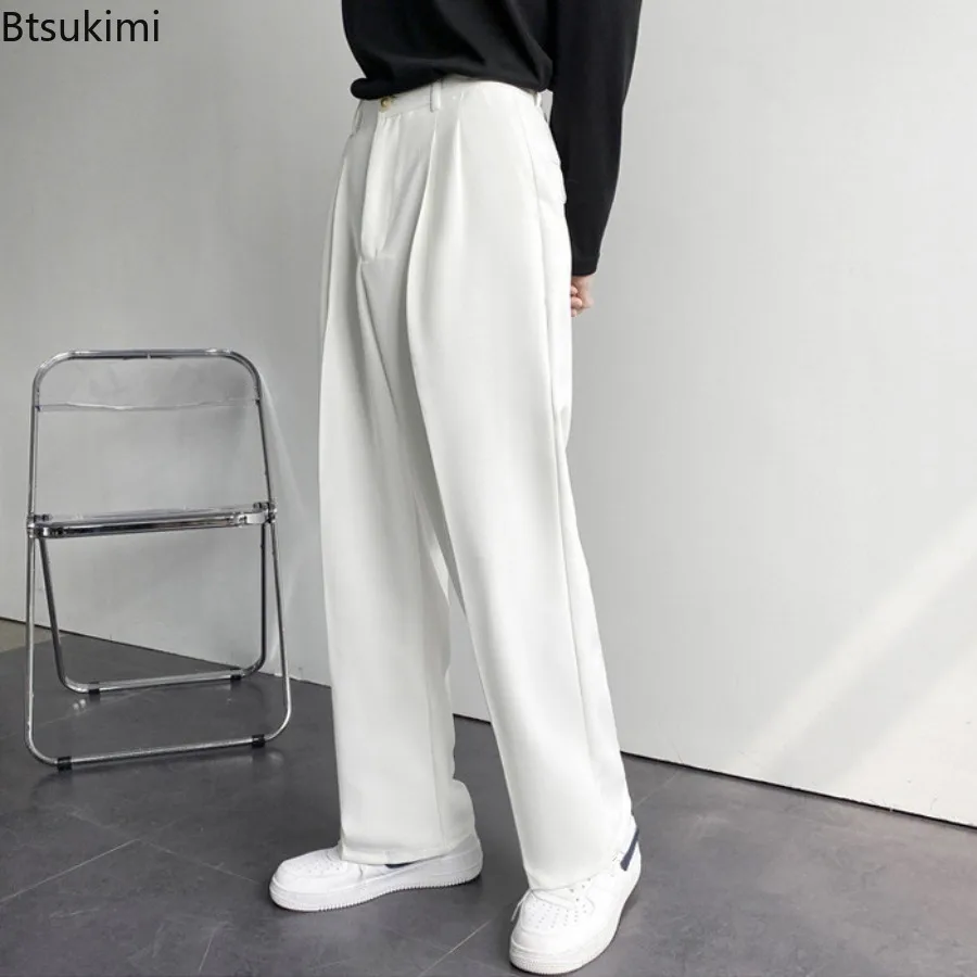 

New 2025 Men's Solid Suit Pants Loose Casual Wide Leg Long Trousers Drape Design Straight High Waist Business Casual Pants Male