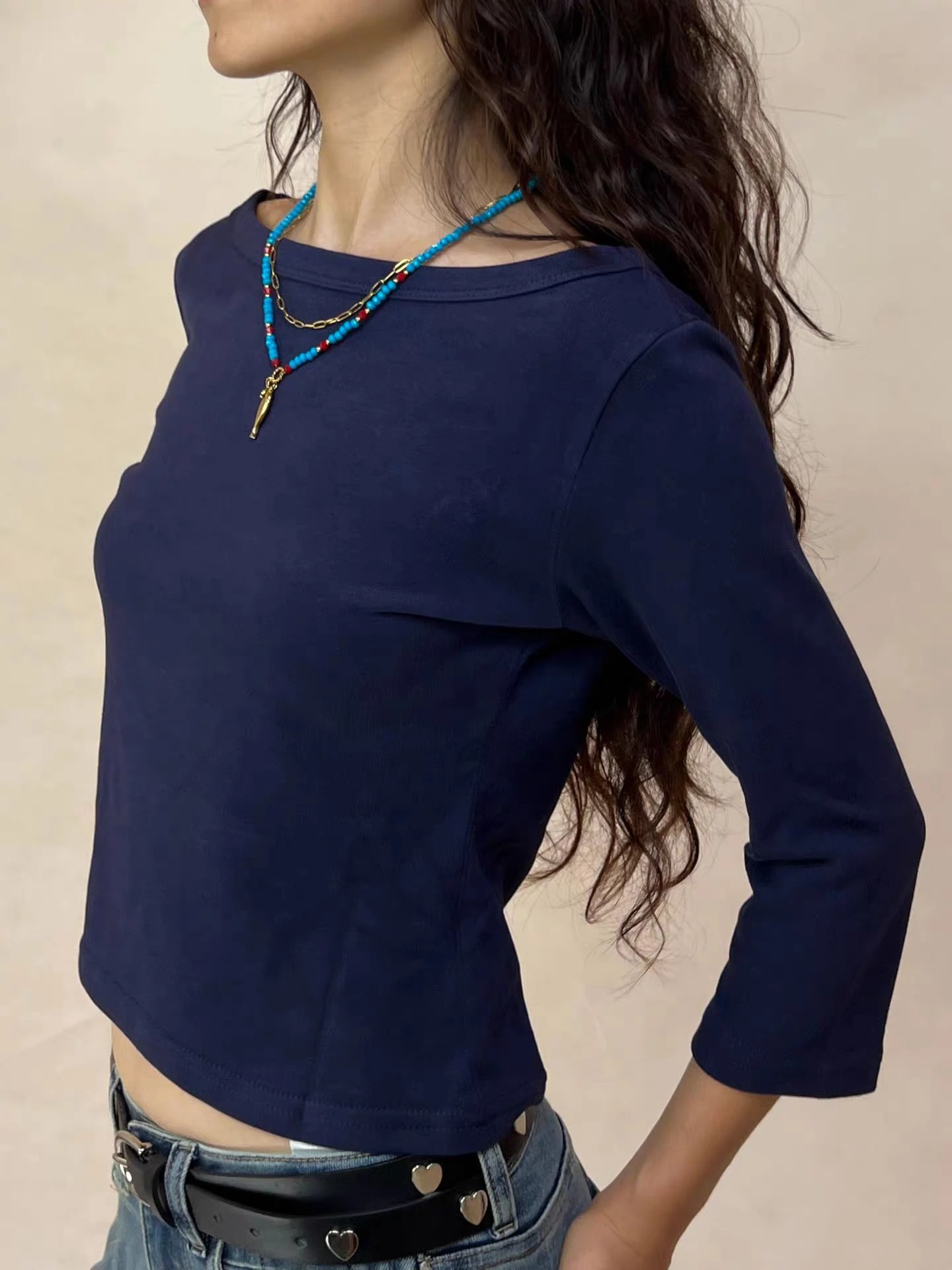 Solid Basic Three Quarter Sleeve T-shirts Woman Autumn Slash Neck Cotton Slim Crop Top Female Casual Simple All-match Tee Shirts