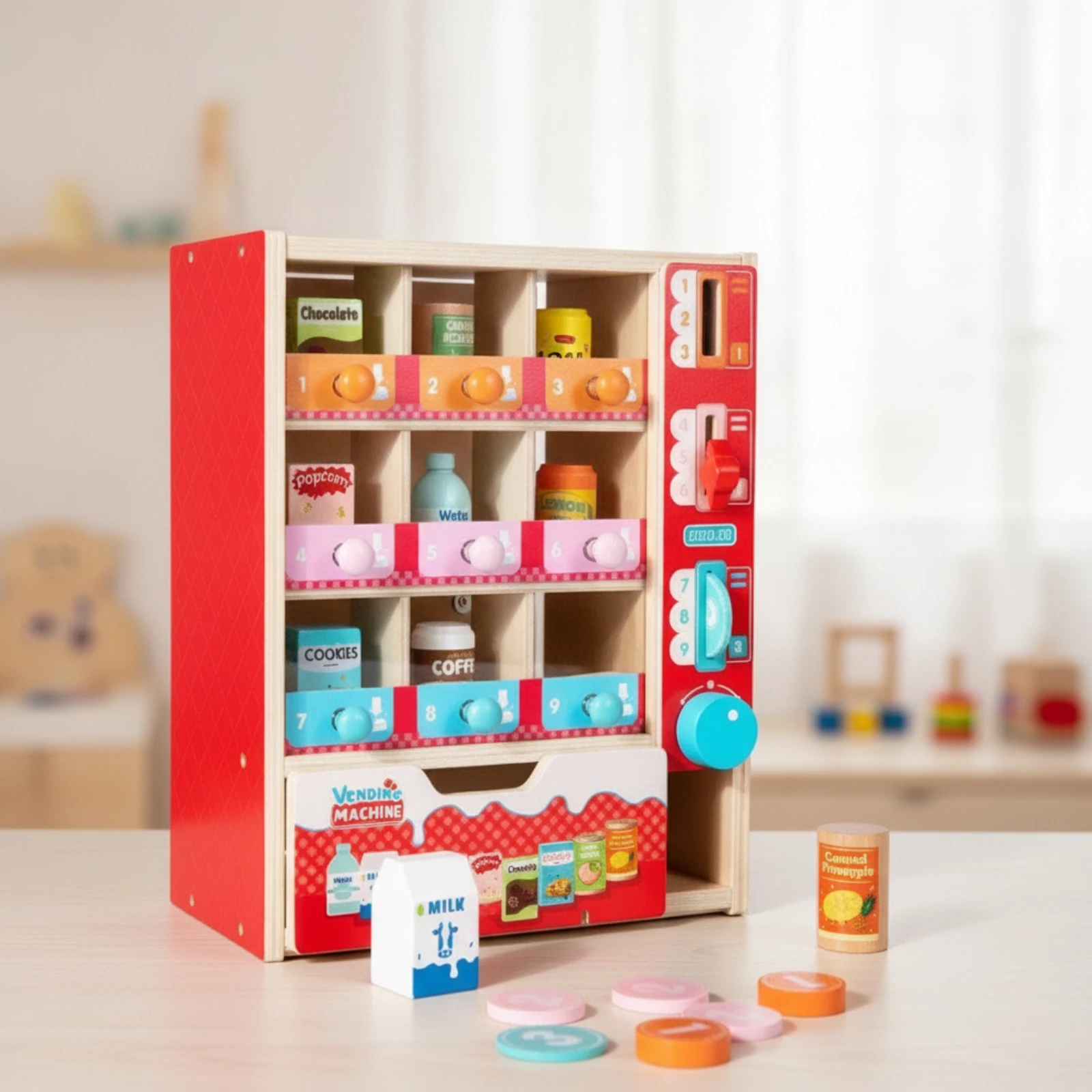 Wooden Vending Machine Play Set Preschool Wooden Vending Machine Pretend Play Dispenser Screen-Screenless Safe for Children