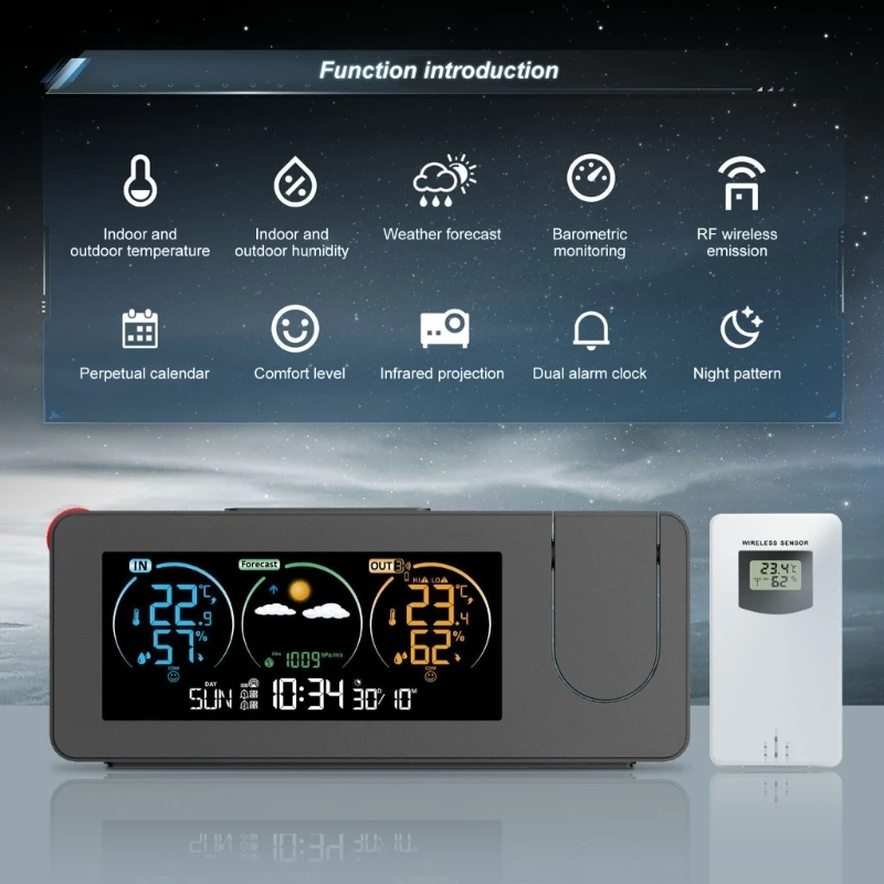 Kleurscherm Projectieklok met 2 alarmen Tijdtemperatuurvochtigheid Display Snooze -functie Remote Sensoren voor Home Kxre