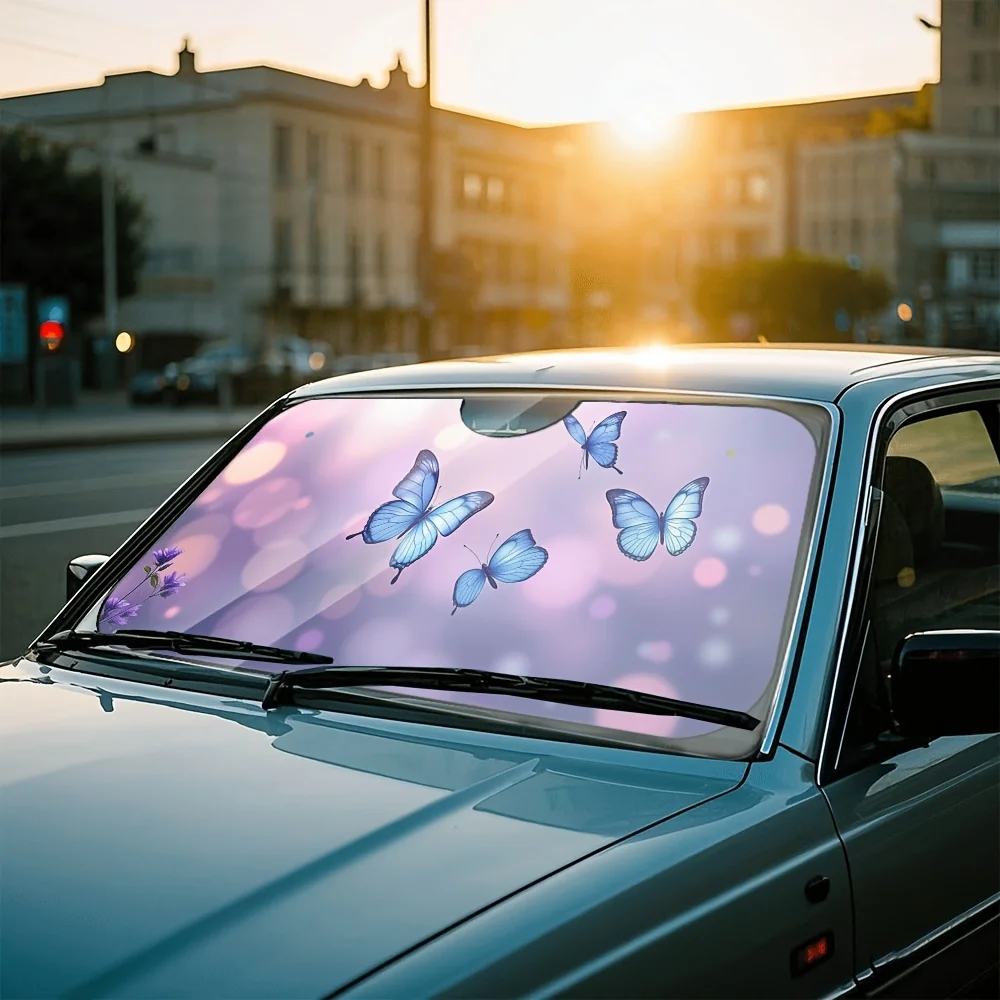 1pc Vibrant Purple Butterfly & Lilac Car Windshield Sun Shade - Stylish Polyester Fiber, Heat & Sunlight Blocking, Perfect For U