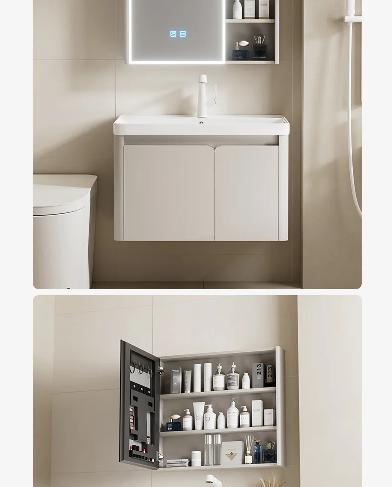 High Quality Cream Wind Stainless Steel Bathroom Cabinet Combination Ceramic Integrated Basin