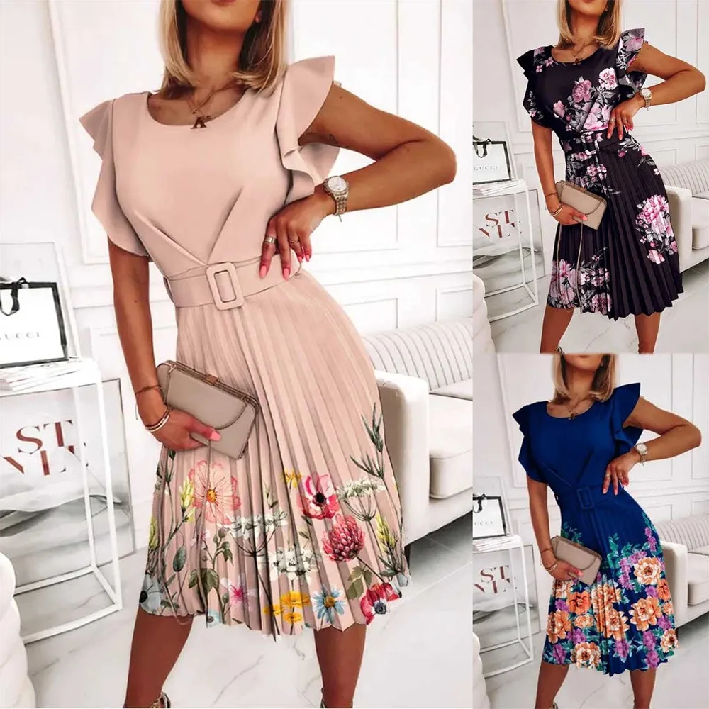 Nuevo vestido de cuello redondo con temperamento a la moda para mujer, vestido informal con estampado Floral y cintura plisada con borde con volantes