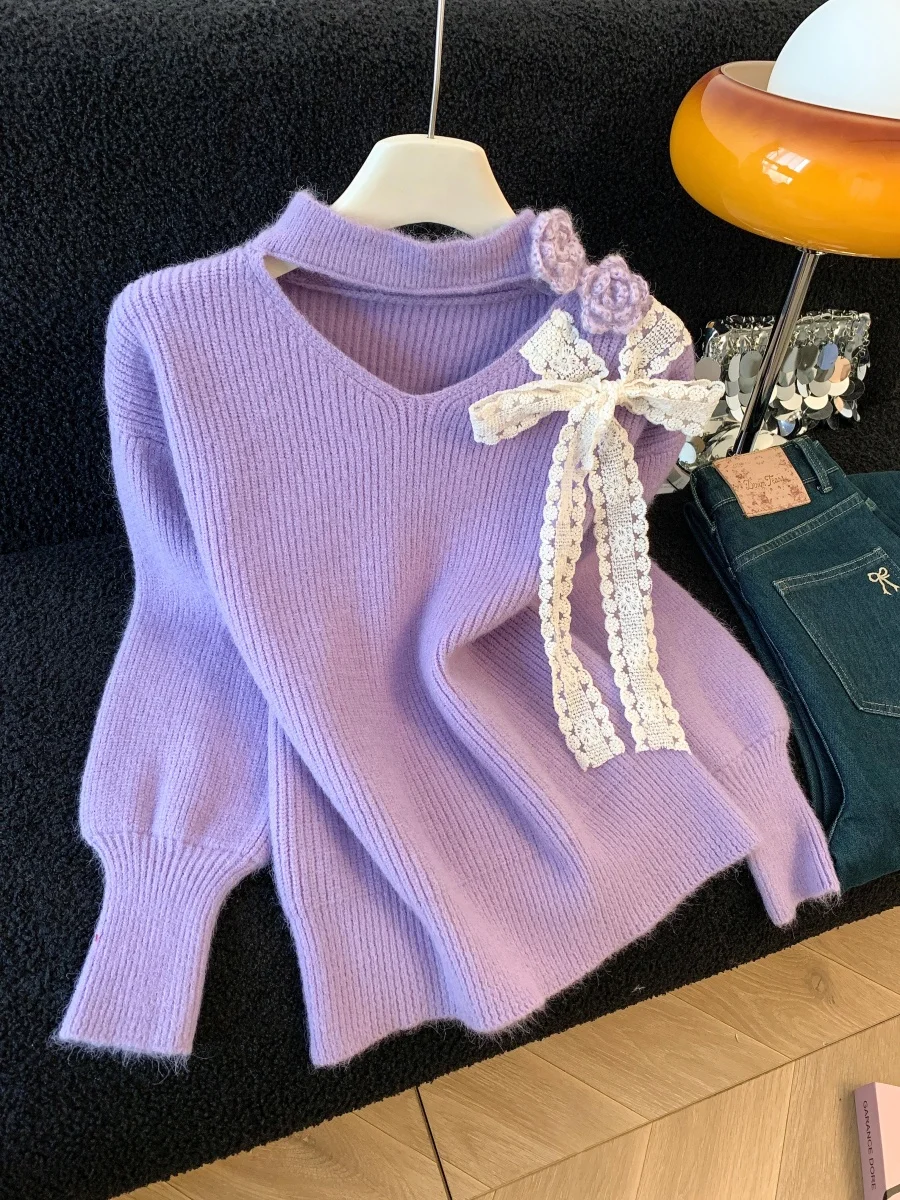 Maglione lavorato a maglia da donna autunno inverno Design in pizzo floreale 3D Faionable Versatile Nodo Aosphere Feeling Sweet S...