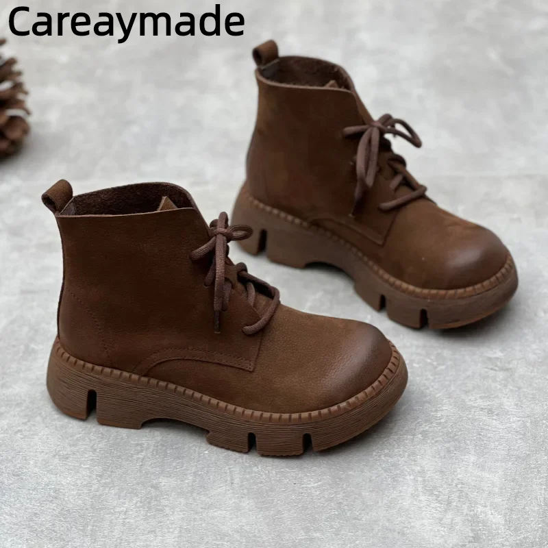 

Careaymade-Genuine Leather women's Boots Autumn New Thick Sole Cowhide Lacing Retro Casual Elevated Boots female's Casual Shoes