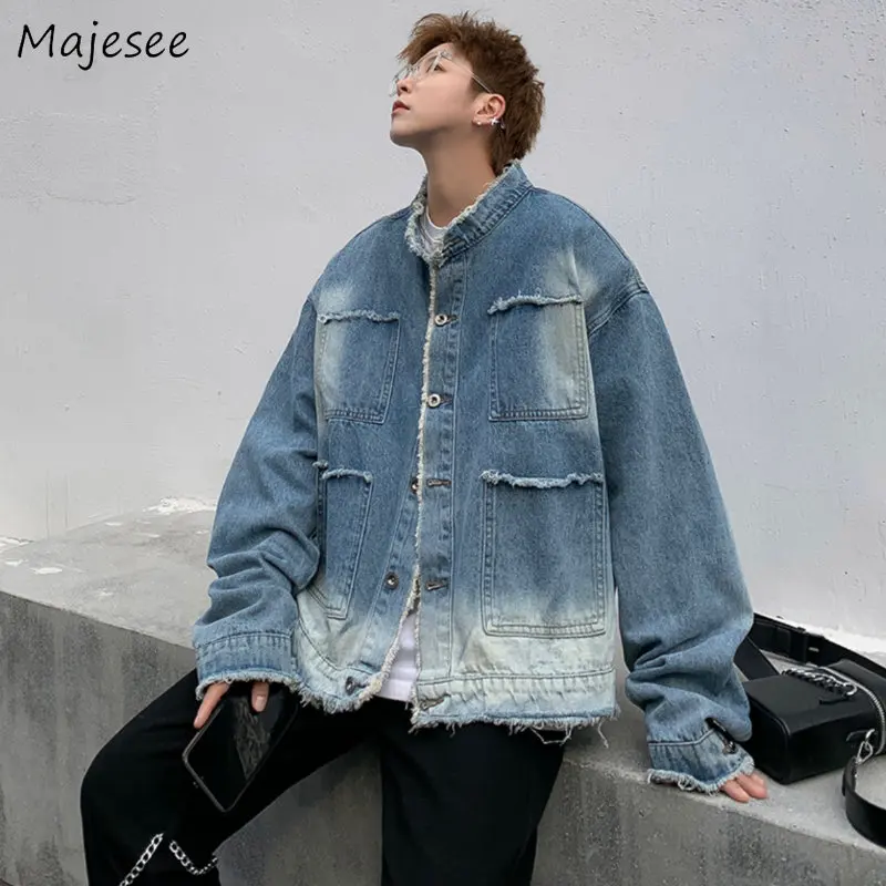 

Gradient Denim Jackets Men Multi Pockets Tooling Baggy Washed Y2k Clothes Streetwear O-neck Coats Unisex Chaqueta Teens American