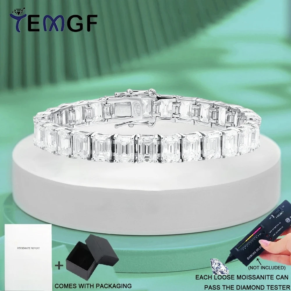 

TEMGF Emerald Cut Moissanite/Zircon Bracelet S925 Sterling Silver Chain for Women Men Couple Trendy Luxury Fine Jewelry Gifts