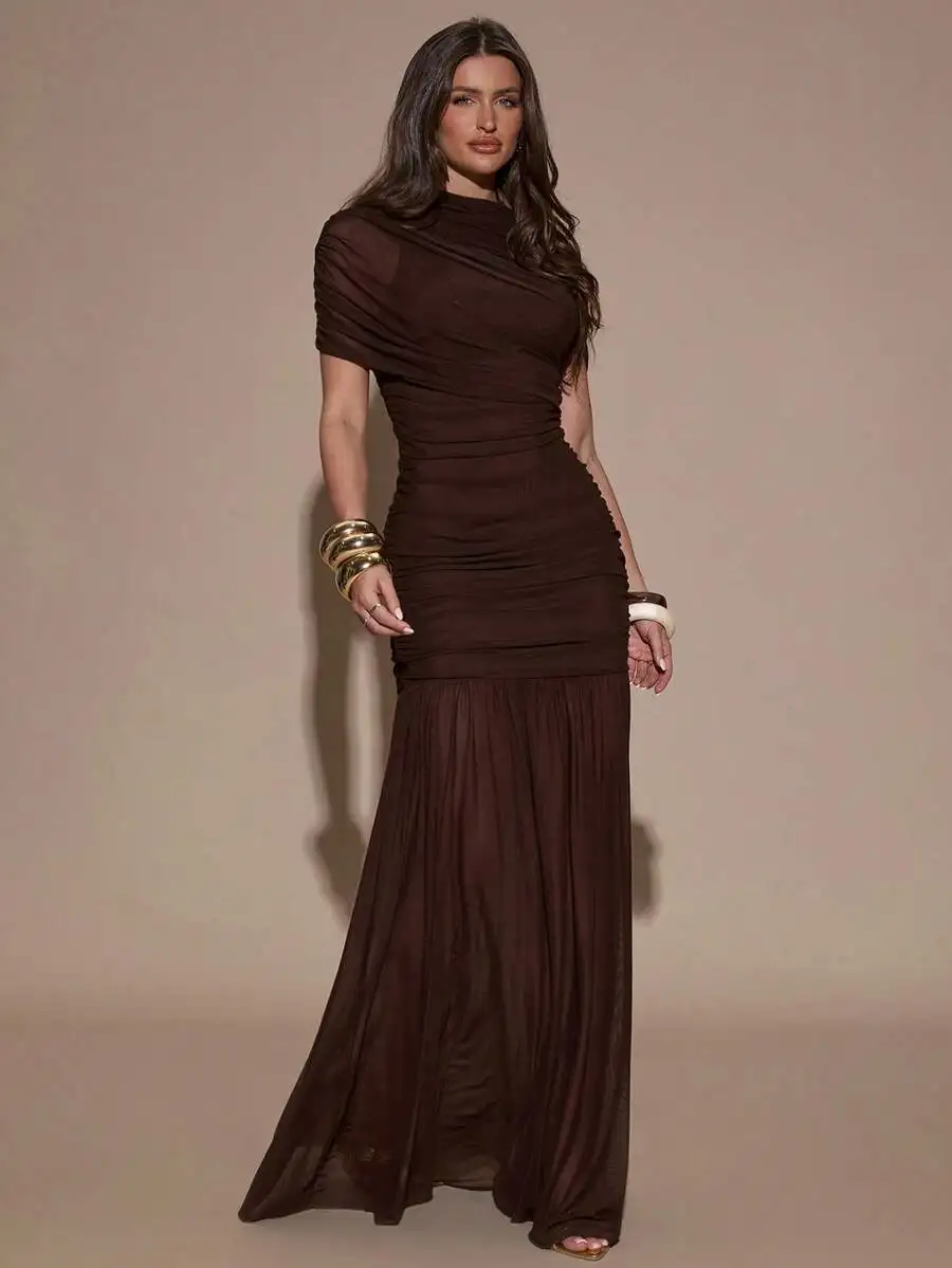 

Elegant Ruched Asymmetrical Maxi Dress for Formal Evening Events