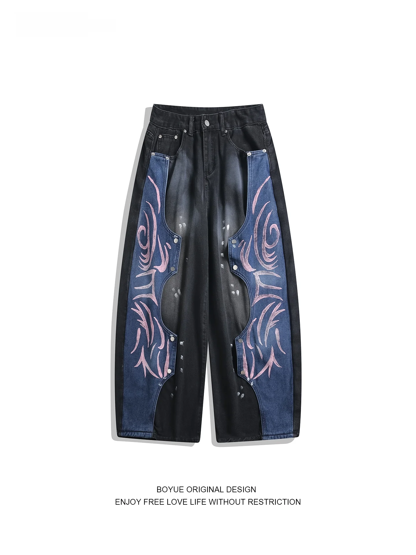 Calças Jeans Estilo Americano BOYUE com Estampa de Grafite, Calças Largas de Corte Casual para Homens e Mulheres