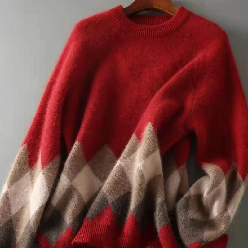 Women\'s Sweater Red Plaid Knit Tops for Woman Graphic Round O Neck Pullovers Jumper Winter Thermal Blouse Korean Style Clothes