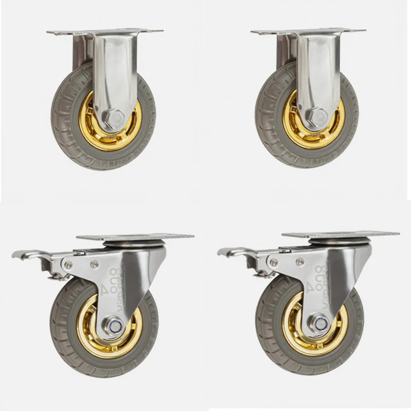 4pcs  4inch stainless steel sus  304  PP Core elastic rubber caster silent wheel  fixed with lock food fishing Industry casters