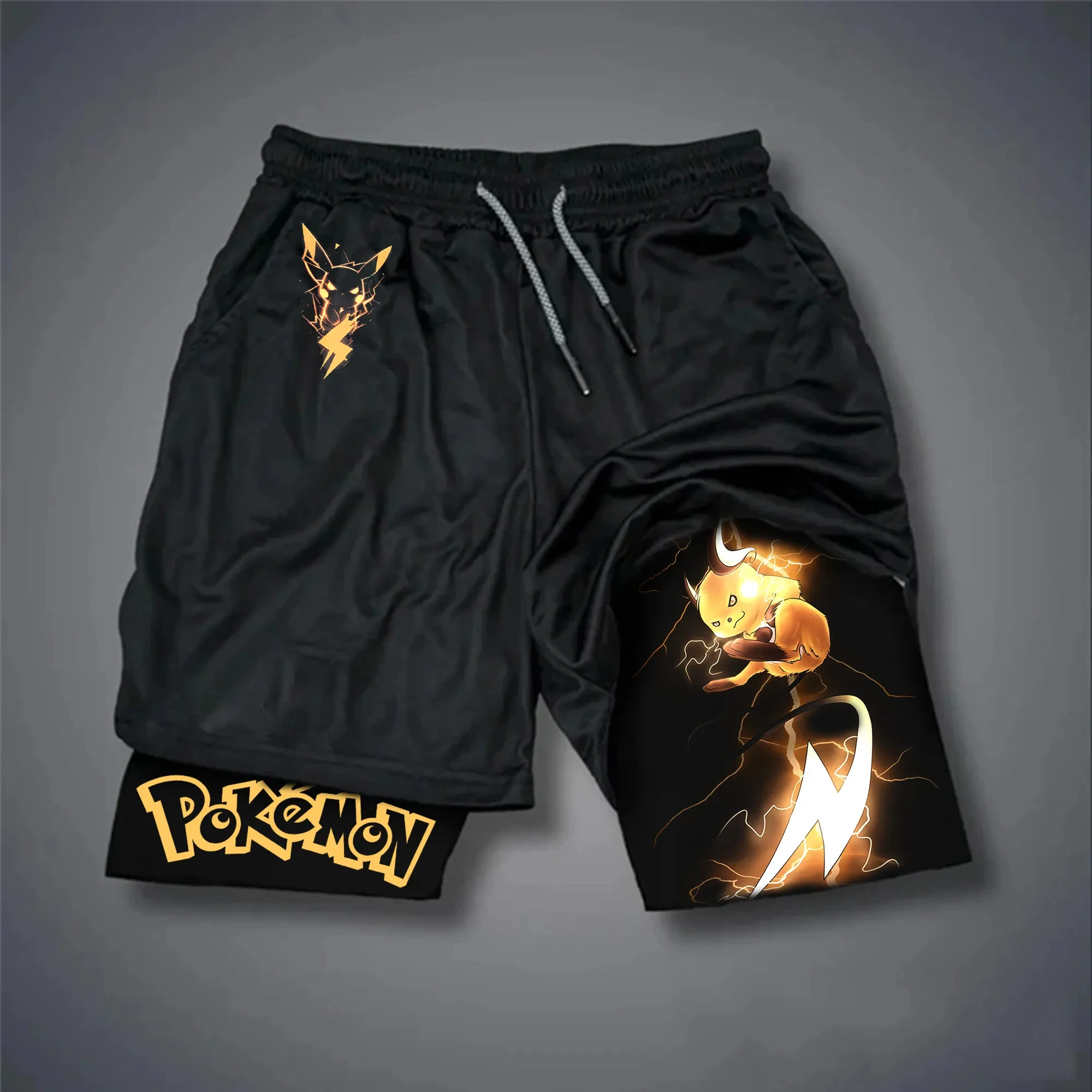 Pokémon Animation Derivatives Men's Fake Two Shorts Streetwear Pikachu Print GYM Sports Men's 2025 Summer Fashion Street Shorts
