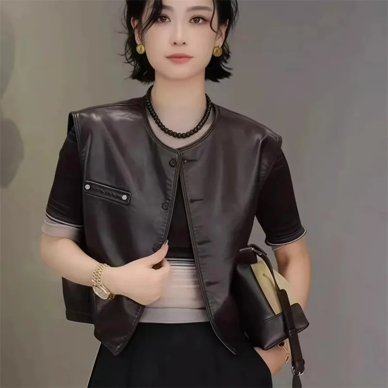 

Retro PU Leather Vest Women's Short 2026 Spring Autumn New Korean Version Fashion Casual Motorcycle Vest Jacket