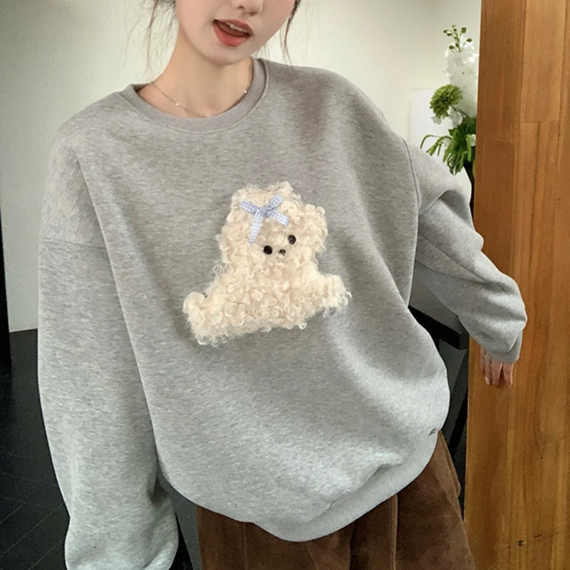 Fleece Hoodie Women Autumn Winter Embroidered Pullovers Female O-Neck Long Sleeve Thick Warm Tops Jumper Sweatshirts Light Grey