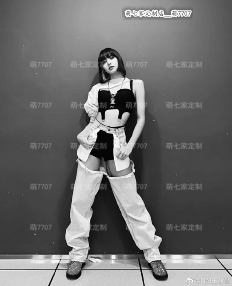 kpop Korean Celebrity Jazz Stage Show Sexy O-neck Short Hoodies Black Slim Vest + Blue Hollow Jeans Elastic Shorts Women Outfits