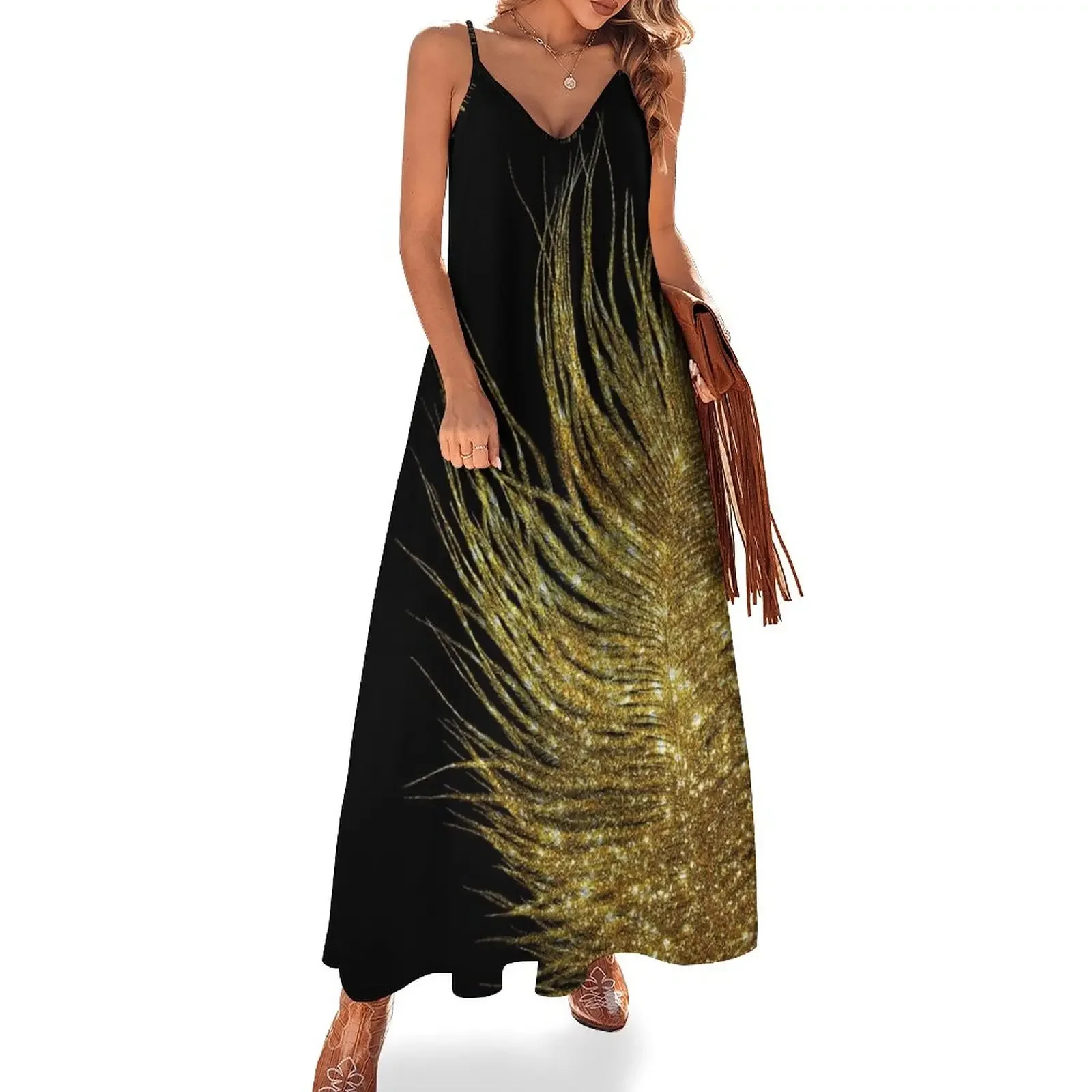 

Gold Glitter Feather on Black Sleeveless Dress clothes elegant party dress for women 2025