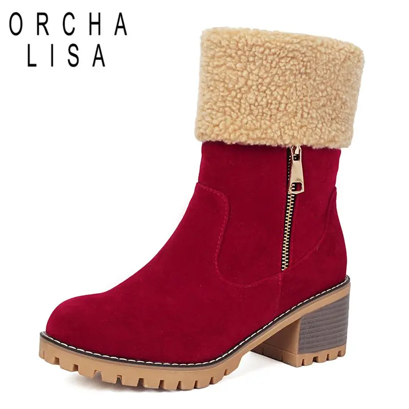 

ORCHA LISA 2025 Warm Women Winter Boots Round Toe 6cm Block Heel Zipper Flock Suede Plush Snow Bota Mid Calf Large Size 43 44 45