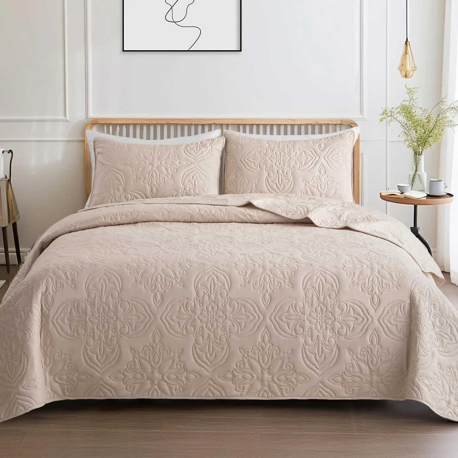 Vintage Damask Quilt Bedding Set Soft Microfiber Lightweight Reversible Bedspread All Season Ultrasonic Bed Cover with Pillow Shams for Bedroom Twin Queen King Cal King Size