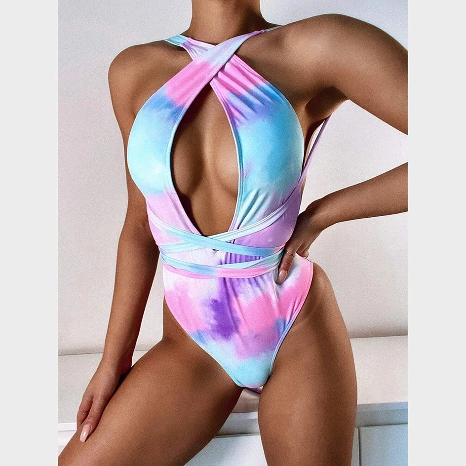 

Swimwear Women One Piece Swimsuit 2022 Sexy Tie Dye Bathing Suit Woman Bodysuit Bandage Cross Swimming for Beach Wear Monokini