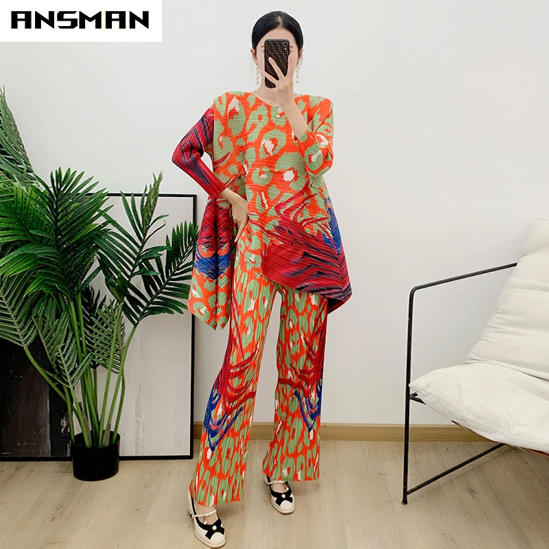 

Miyaki Pleated Suit Women's New Fashion Women Spring Of 2023 Color Blocking Straight Leg Pants Two Piece Set Of Foreign Style