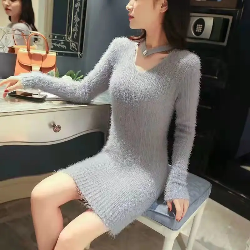 

Осенне-зимний норка свитер для женщин средней длины 2023 v-образный вырез Универсальный пуловер Свободный модный свитер пуловер для женщин