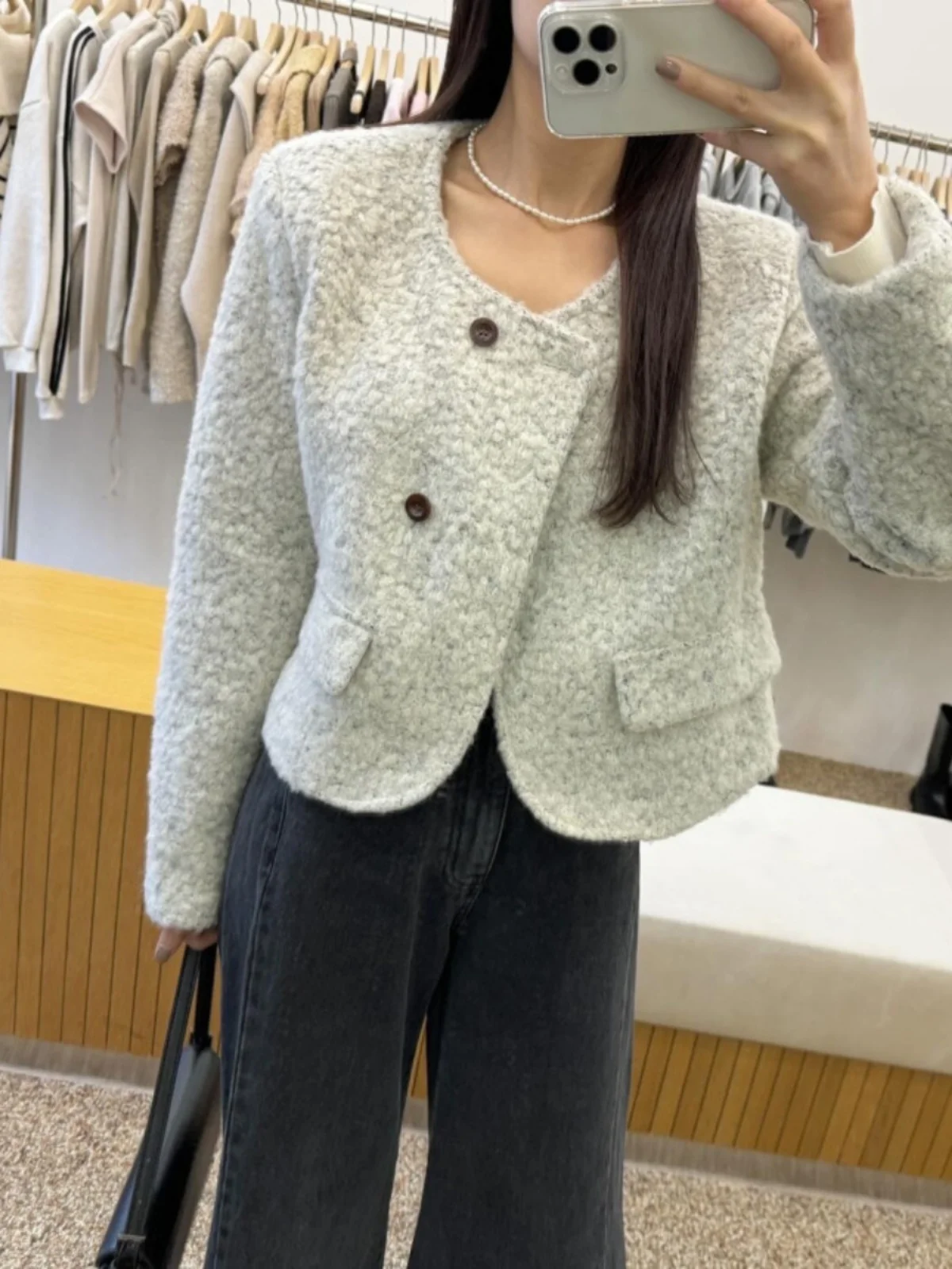 

Korean Sle Ele round Ne Long Sve Women's Jaet Winter New Faion Single Button High End Feeling Top