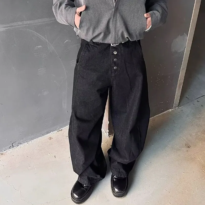 

Японские корейские ретро-бортные черные джинсы с изогнутыми ножками, повседневные свободные широкие брюки, прямые брюки A