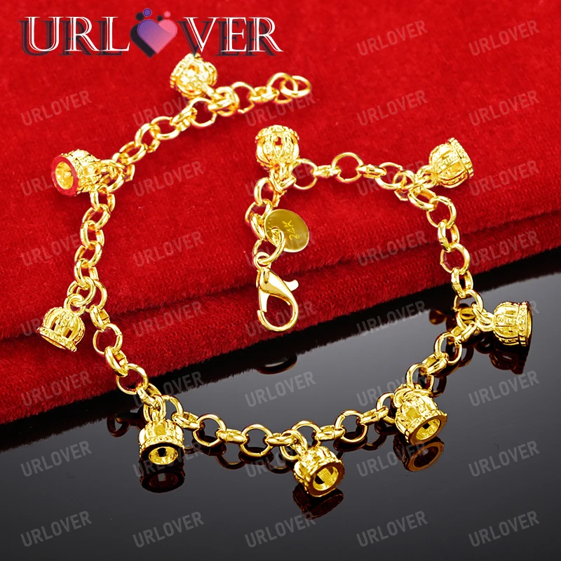 

URLOVER 18K Gold Bracelet Small Crown Pendant Bracelets For Woman Party Wedding Engagement Fashion Charm Jewelry Birthday Gift